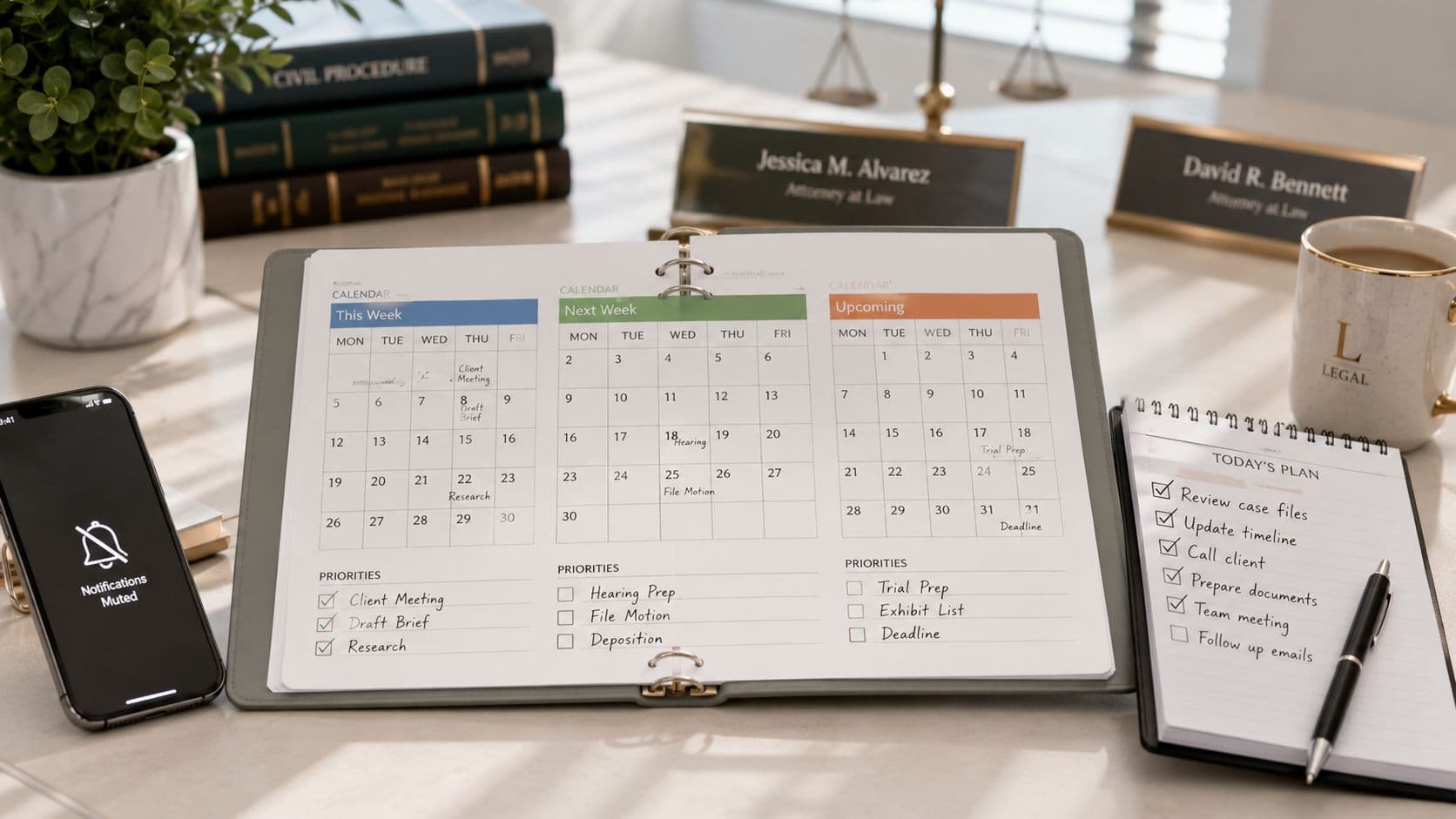 A professional legal desk with a weekly planner, a smartphone, and a to-do list.