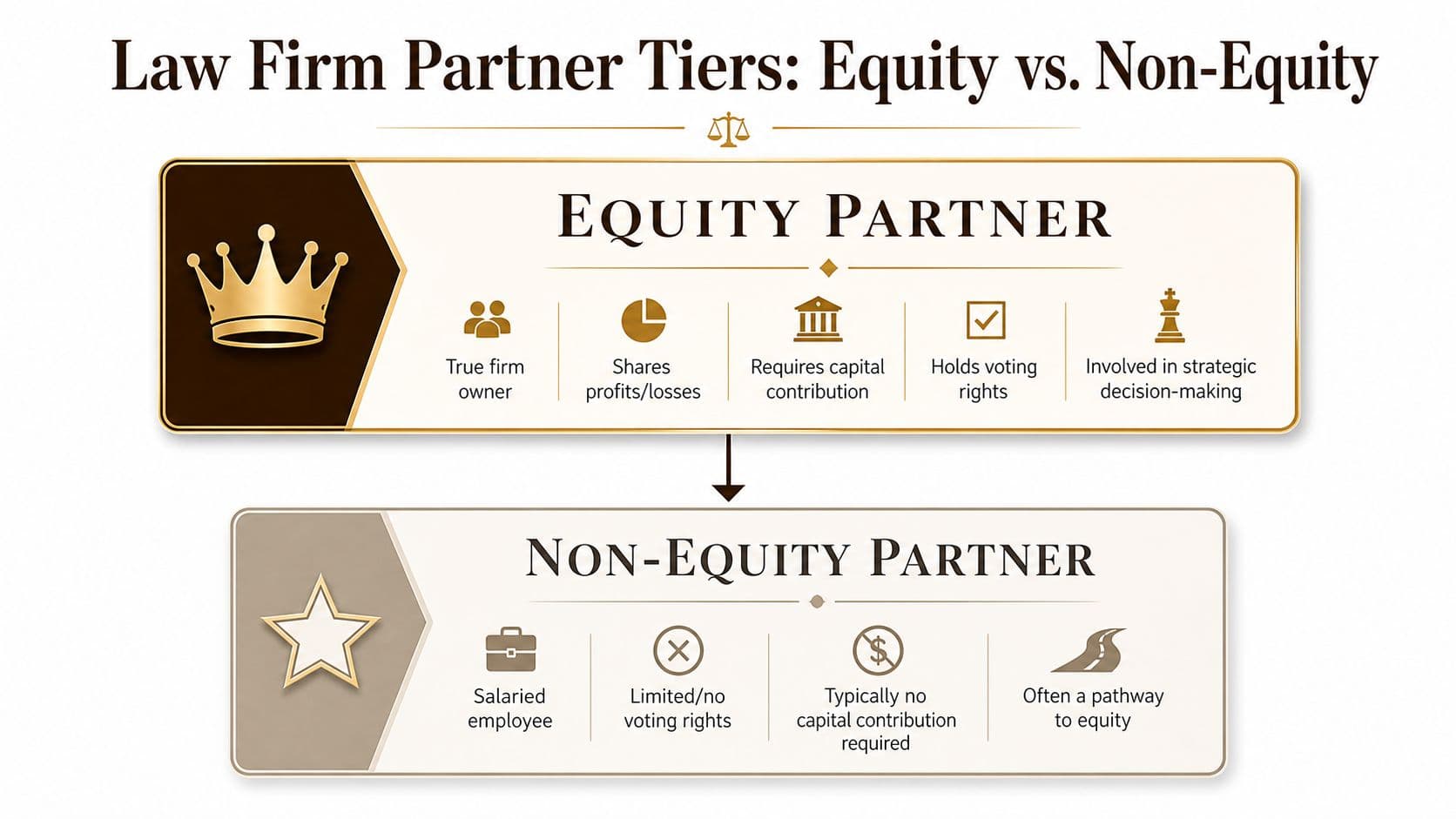 An infographic comparing equity and non-equity law firm partner roles, highlighting ownership, voting rights, and financial contributions.