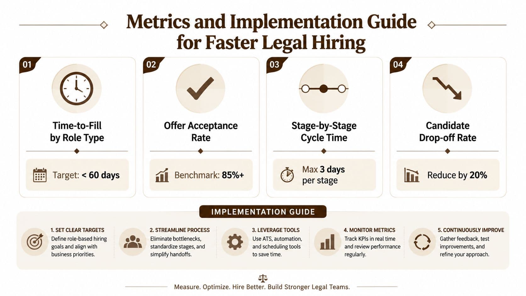 An infographic detailing essential metrics and implementation strategies to improve legal hiring processes and efficiency.