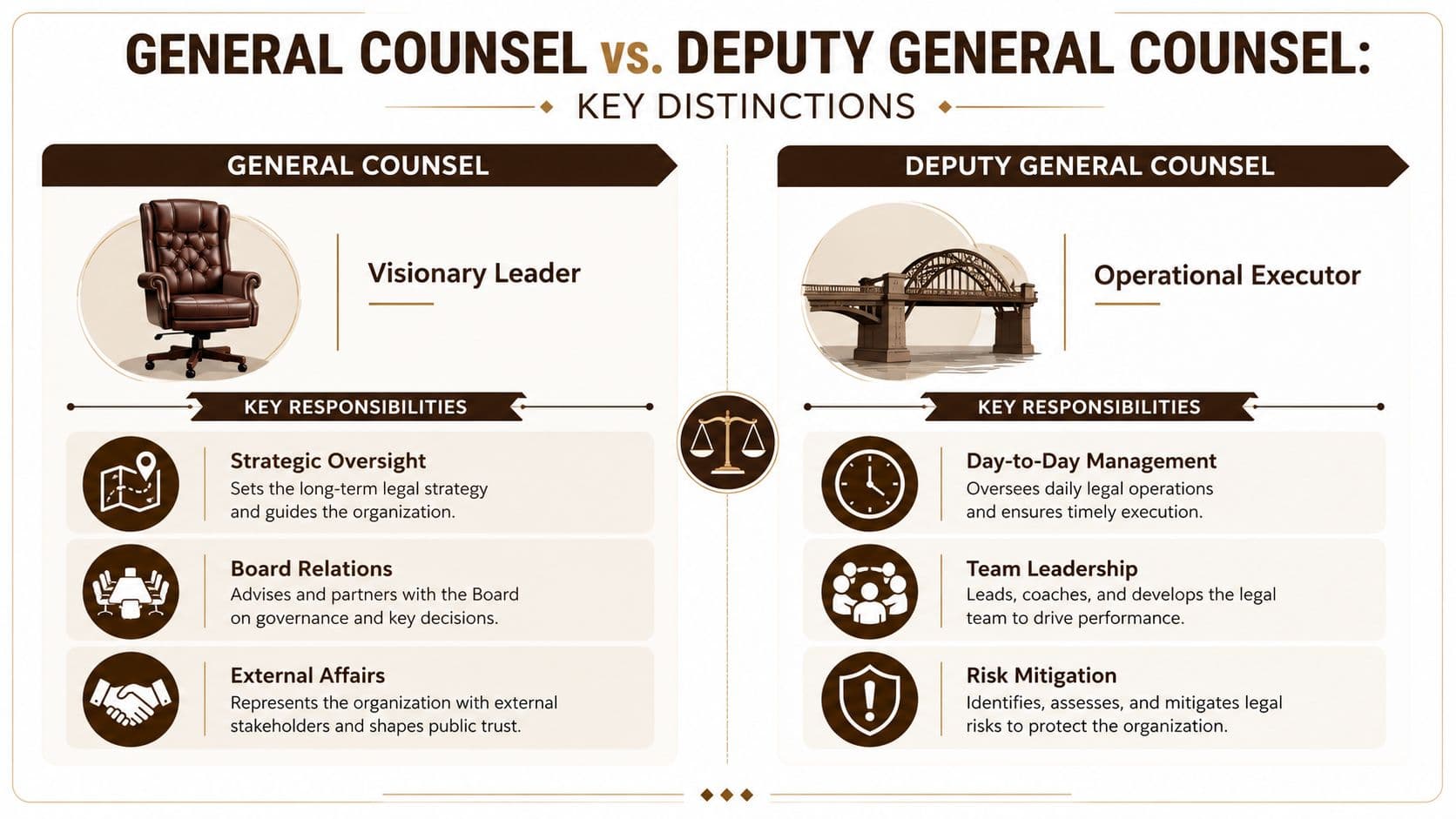 A comparative infographic outlining the key role distinctions between a General Counsel and a Deputy General Counsel.