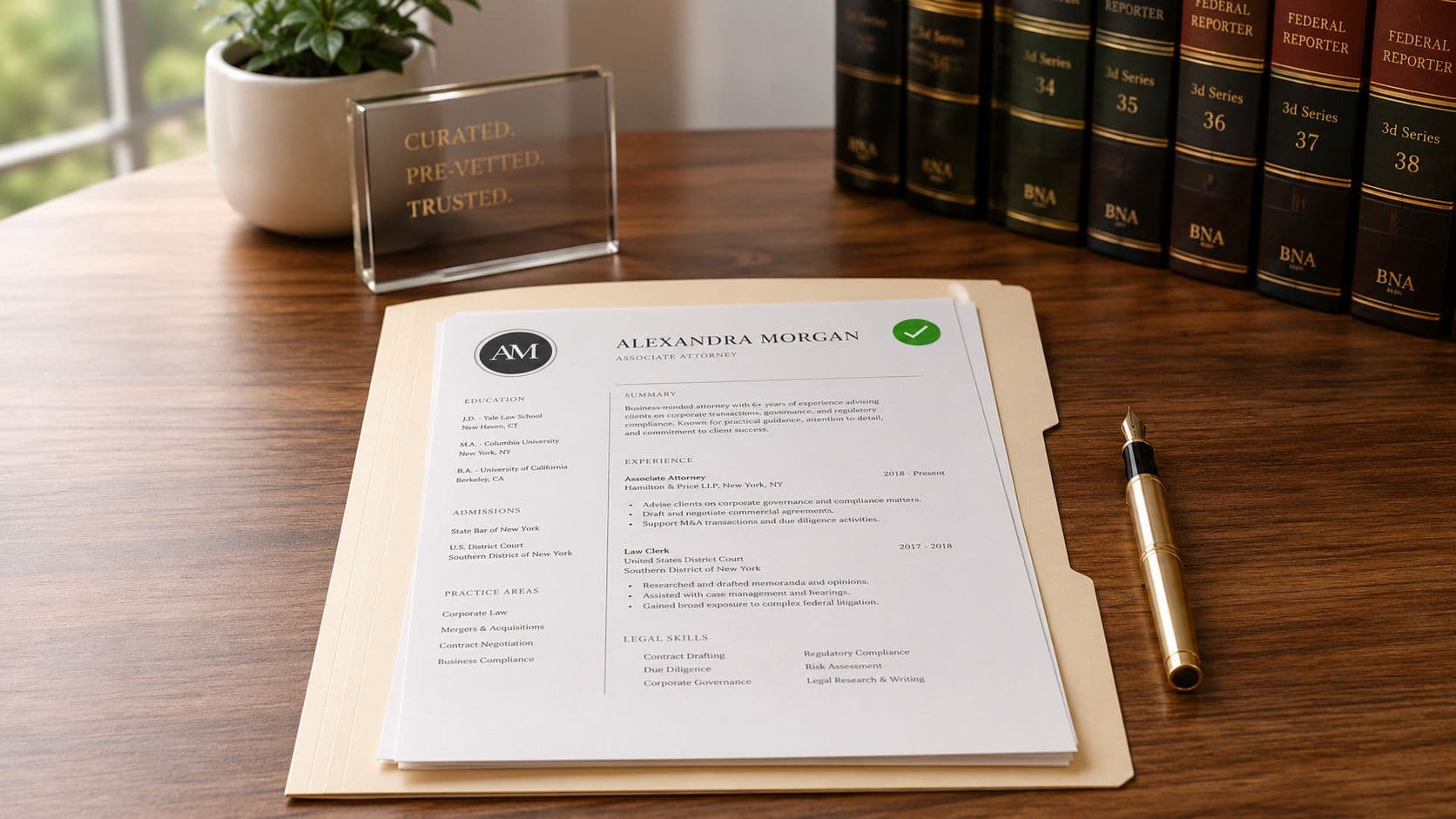 A professional resume for an associate attorney placed on a wooden desk near legal books.