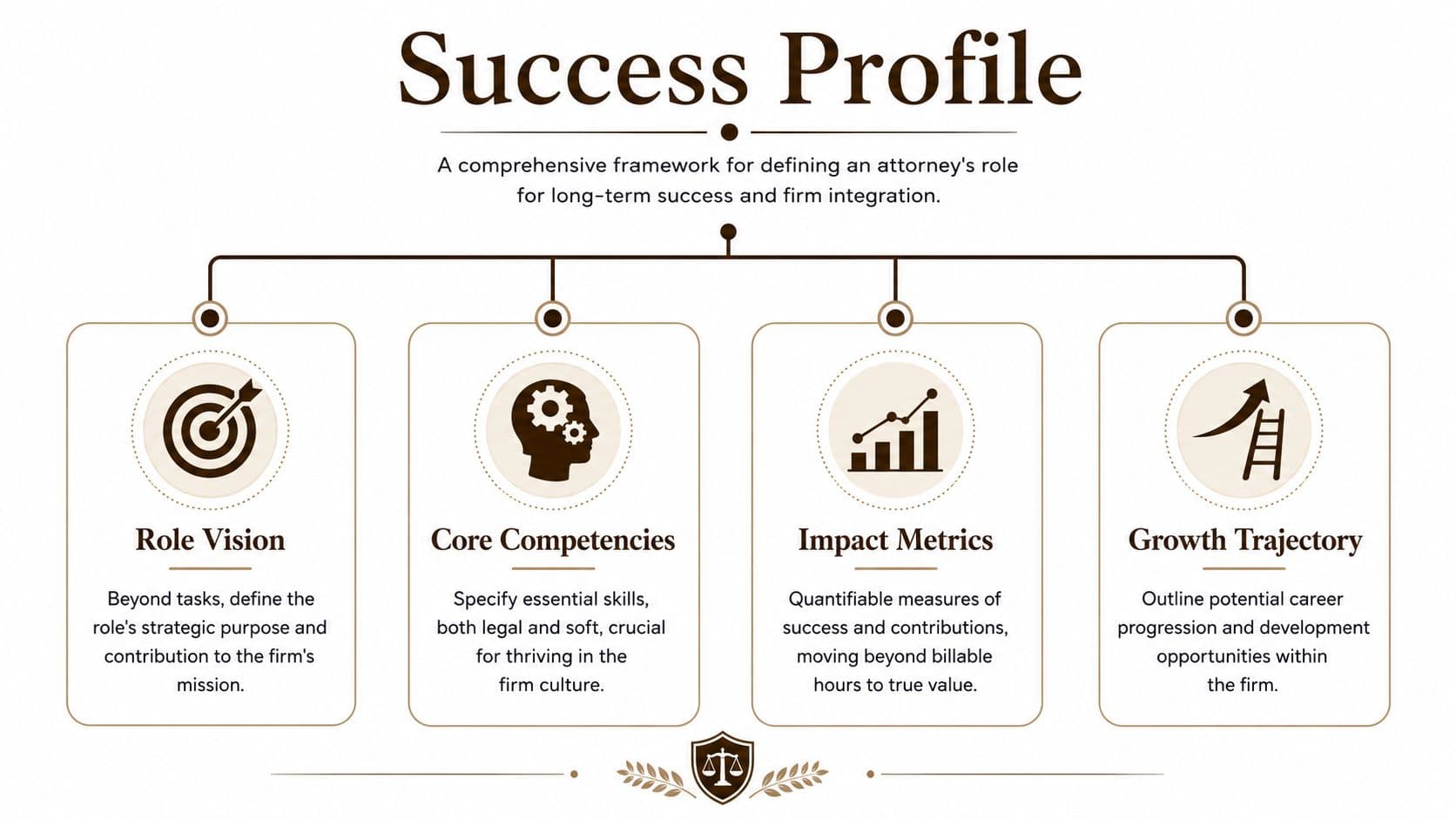 A Success Profile diagram for attorneys highlighting four key areas: role vision, core competencies, impact metrics, and growth.