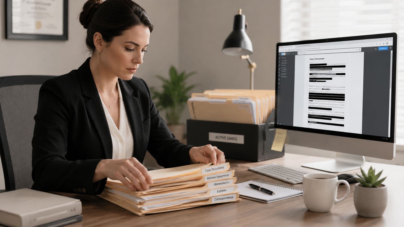 A professional woman in a suit organizes legal folders at her office desk while working on a computer.