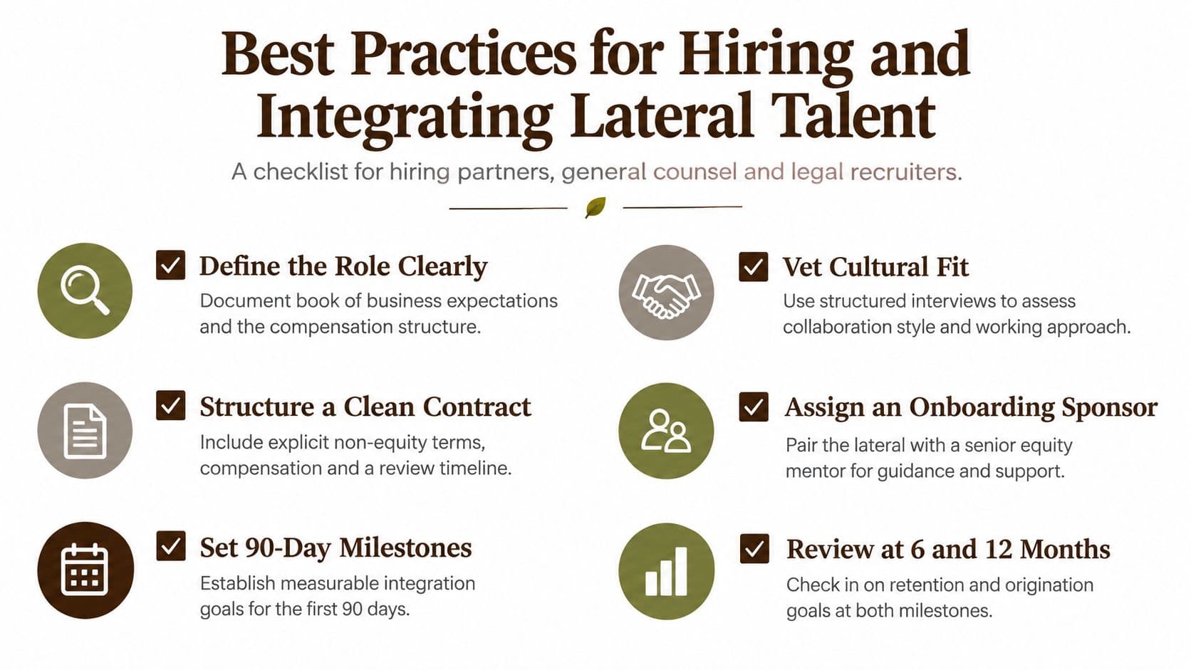 A checklist infographic outlining best practices for hiring and integrating lateral talent into legal firms.