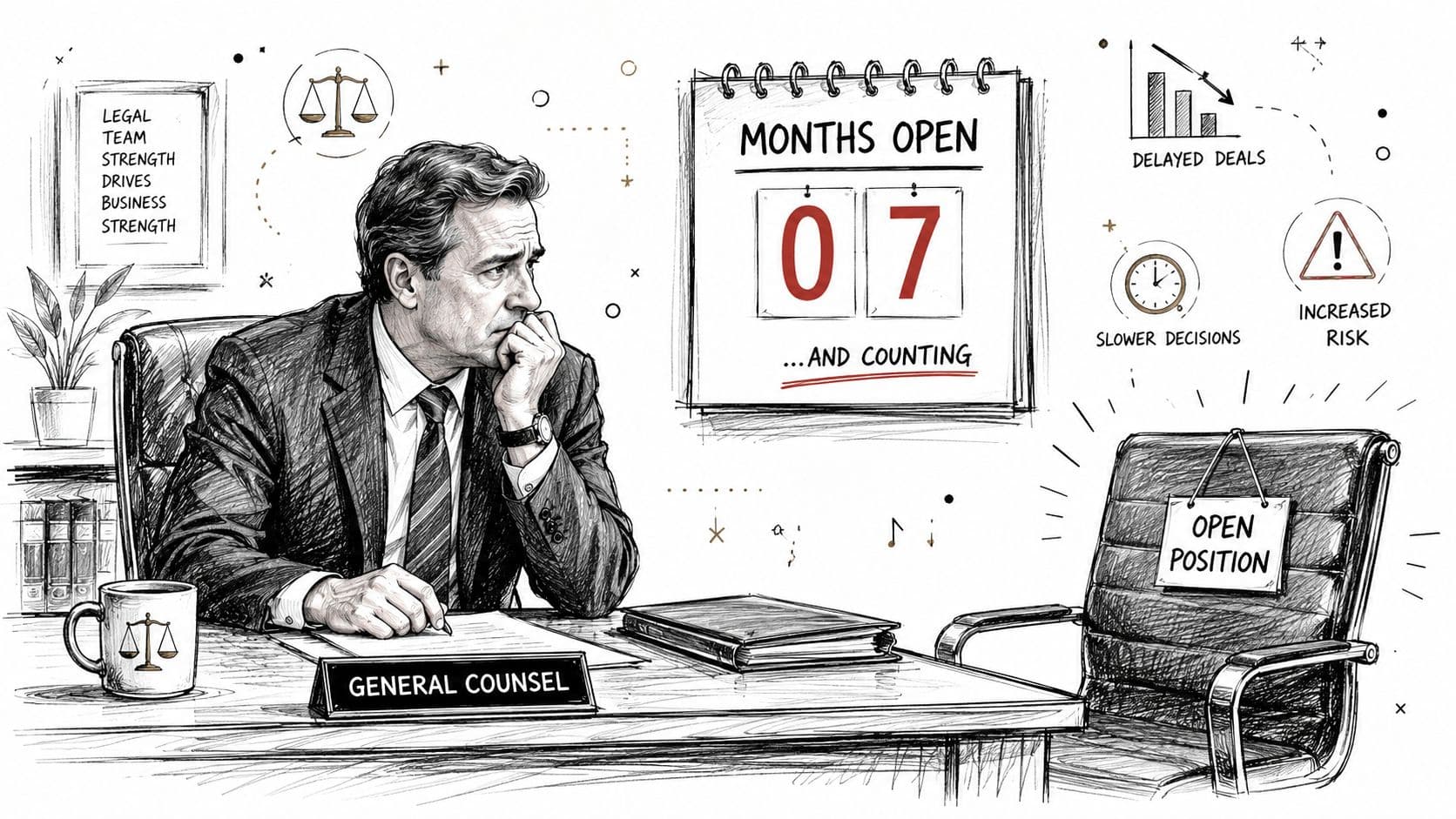 A worried General Counsel sits at a desk with an empty chair representing an open legal position.