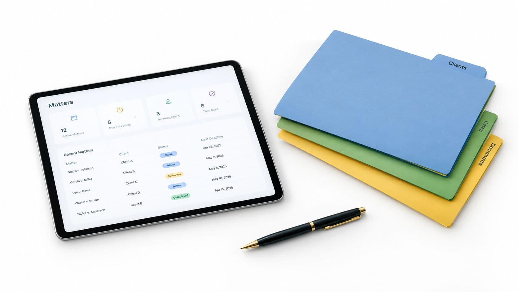 Digital tablet displaying a law firm matter management dashboard next to physical file folders and a pen.