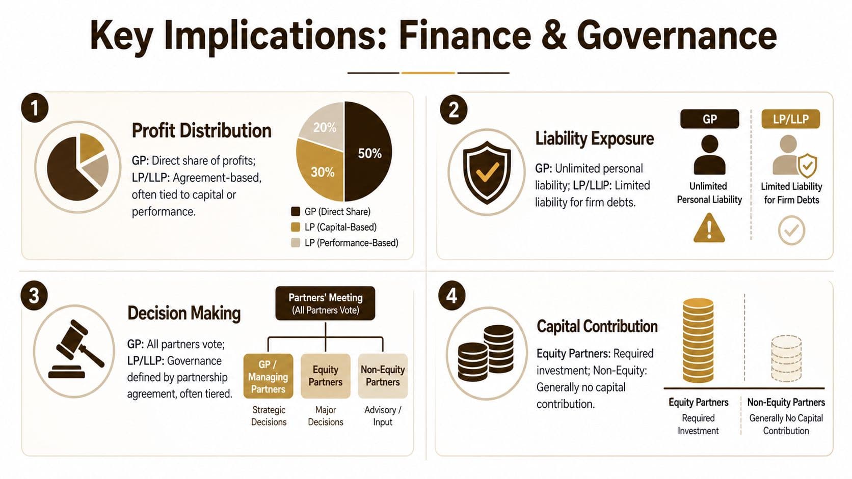 An infographic showing four key finance and governance implications for law firm partnerships, including profits, liability, decision-making, and capital.