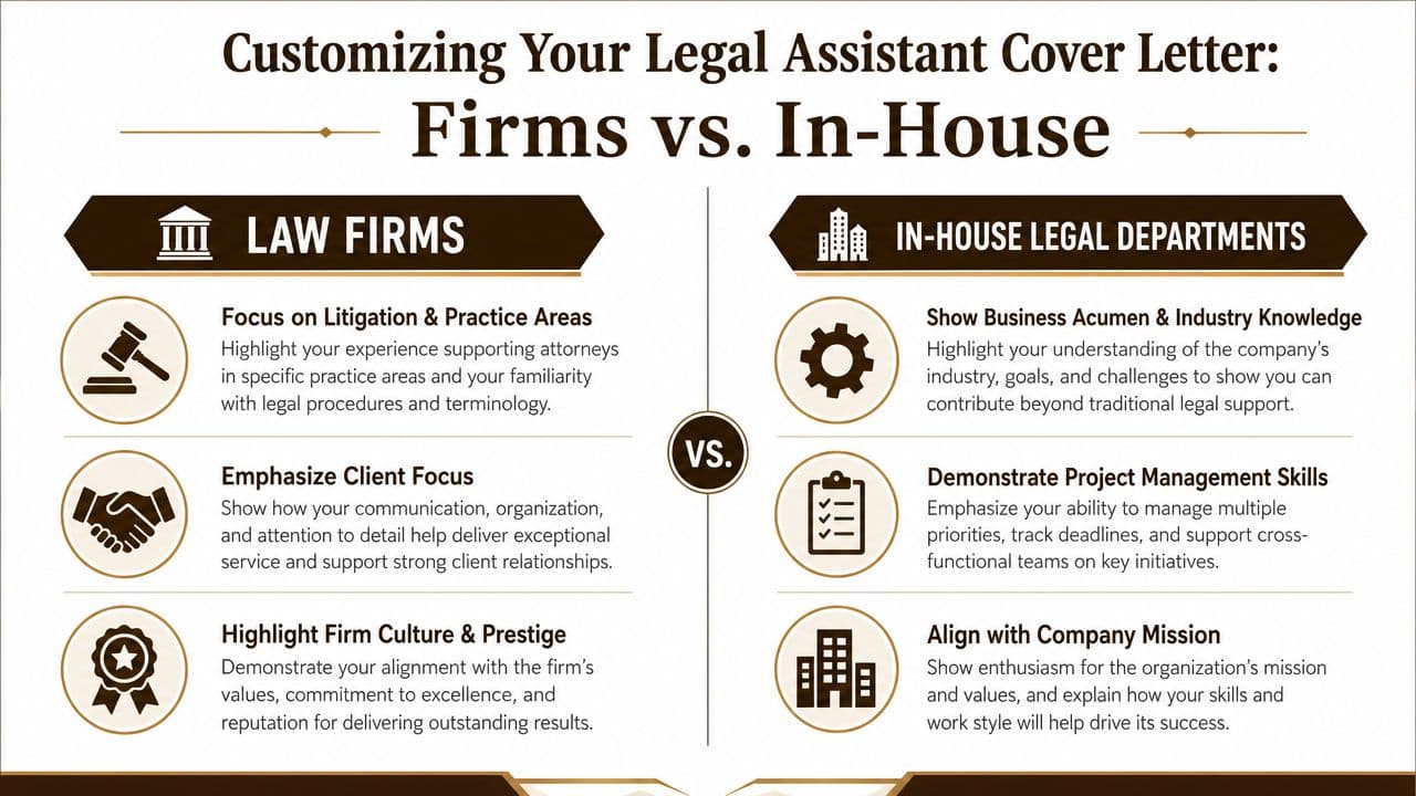 An infographic comparing how to customize a legal assistant cover letter for law firms versus in-house departments.