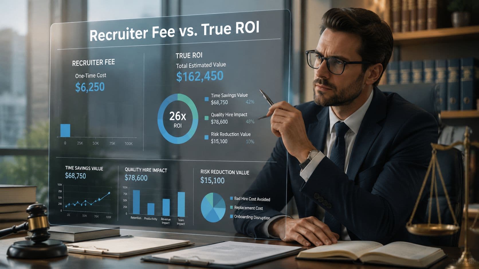 A professional man in a suit analyzes a digital hologram showing recruitment fee and ROI data.