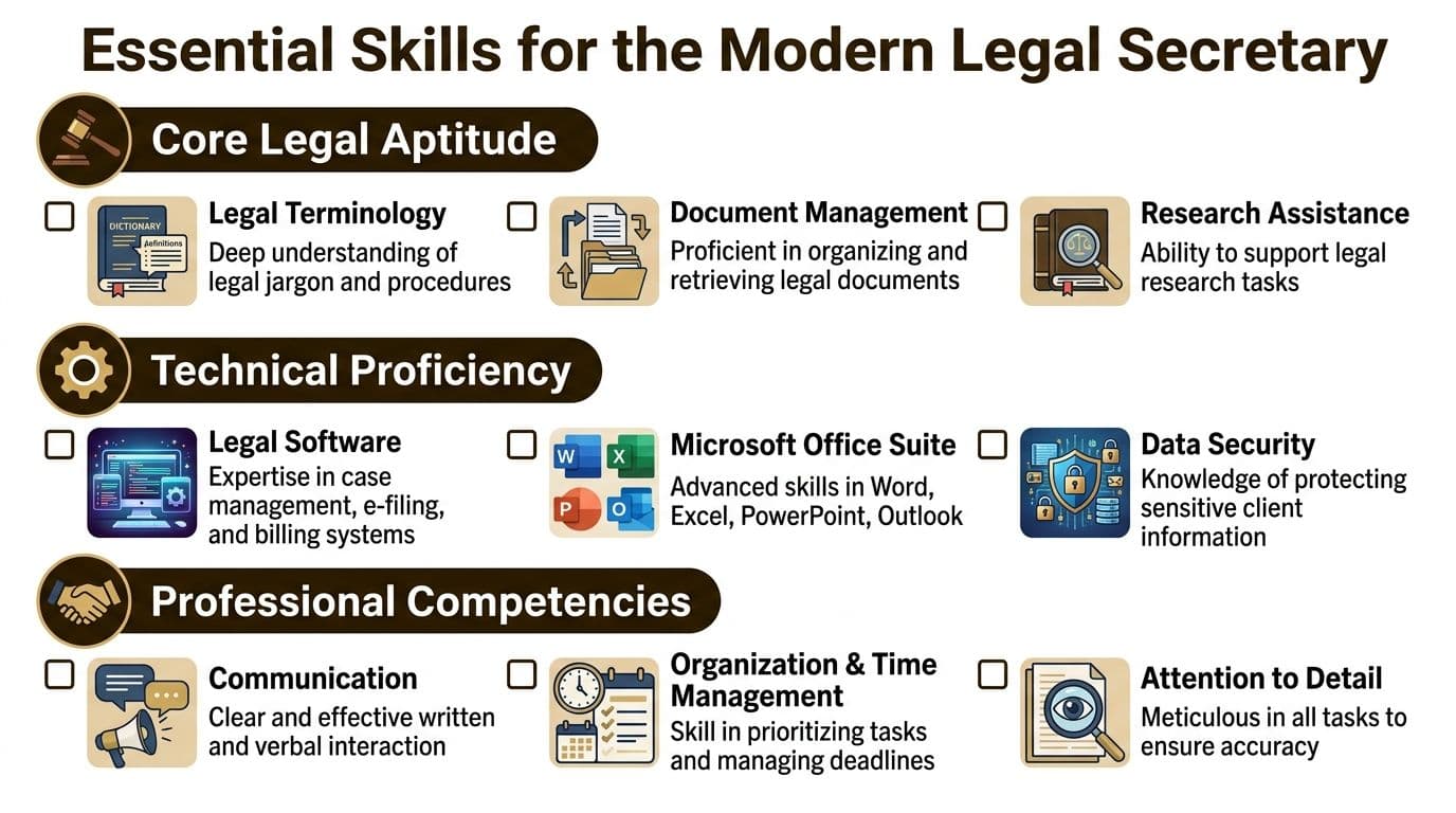 An infographic titled Essential Skills for the Modern Legal Secretary, listing professional skills required for the role.