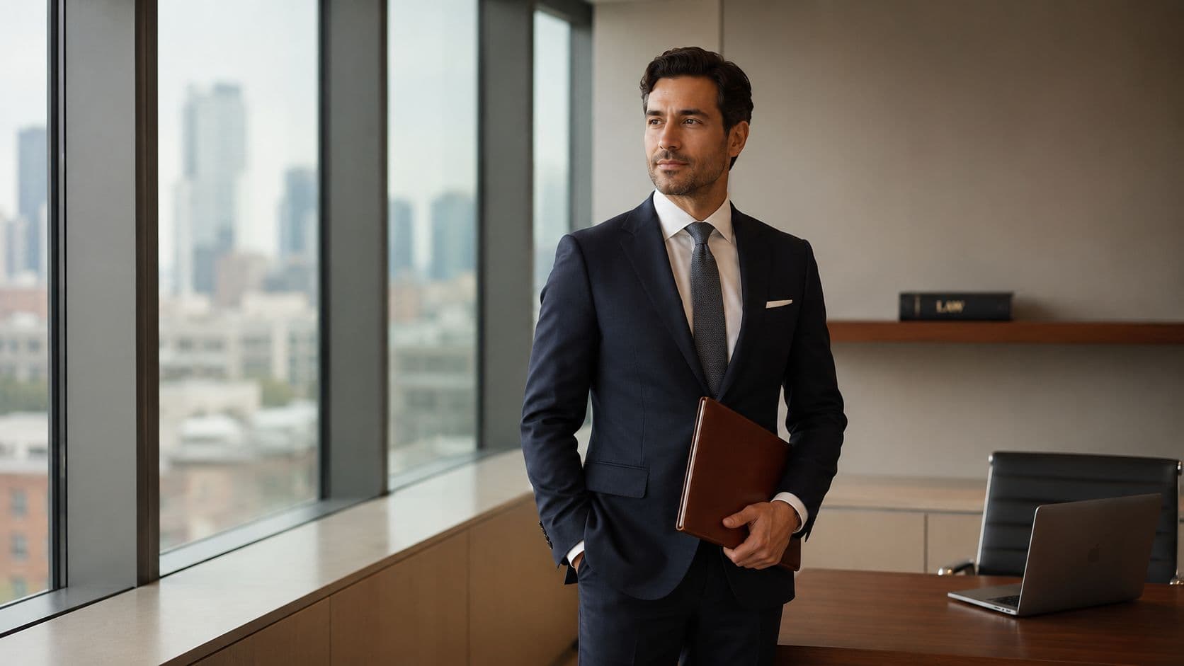 A professional lawyer in a sharp dark suit standing in a modern office with city views.