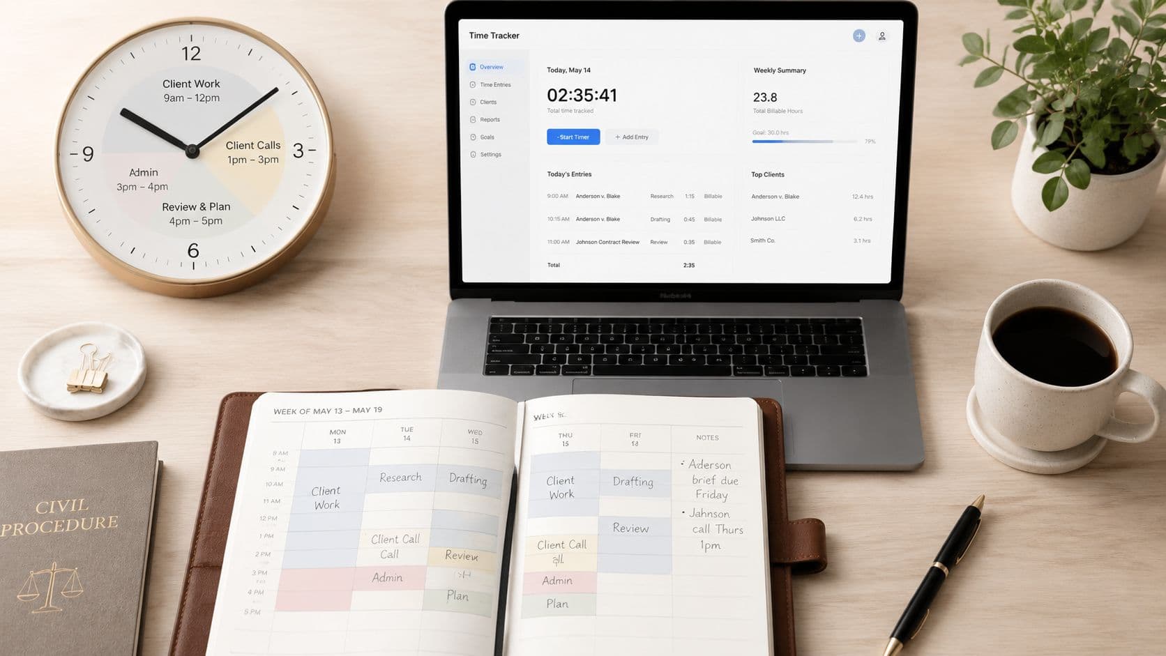 A professional attorney's workspace featuring a laptop with time tracking software, a wall clock, and a planner.