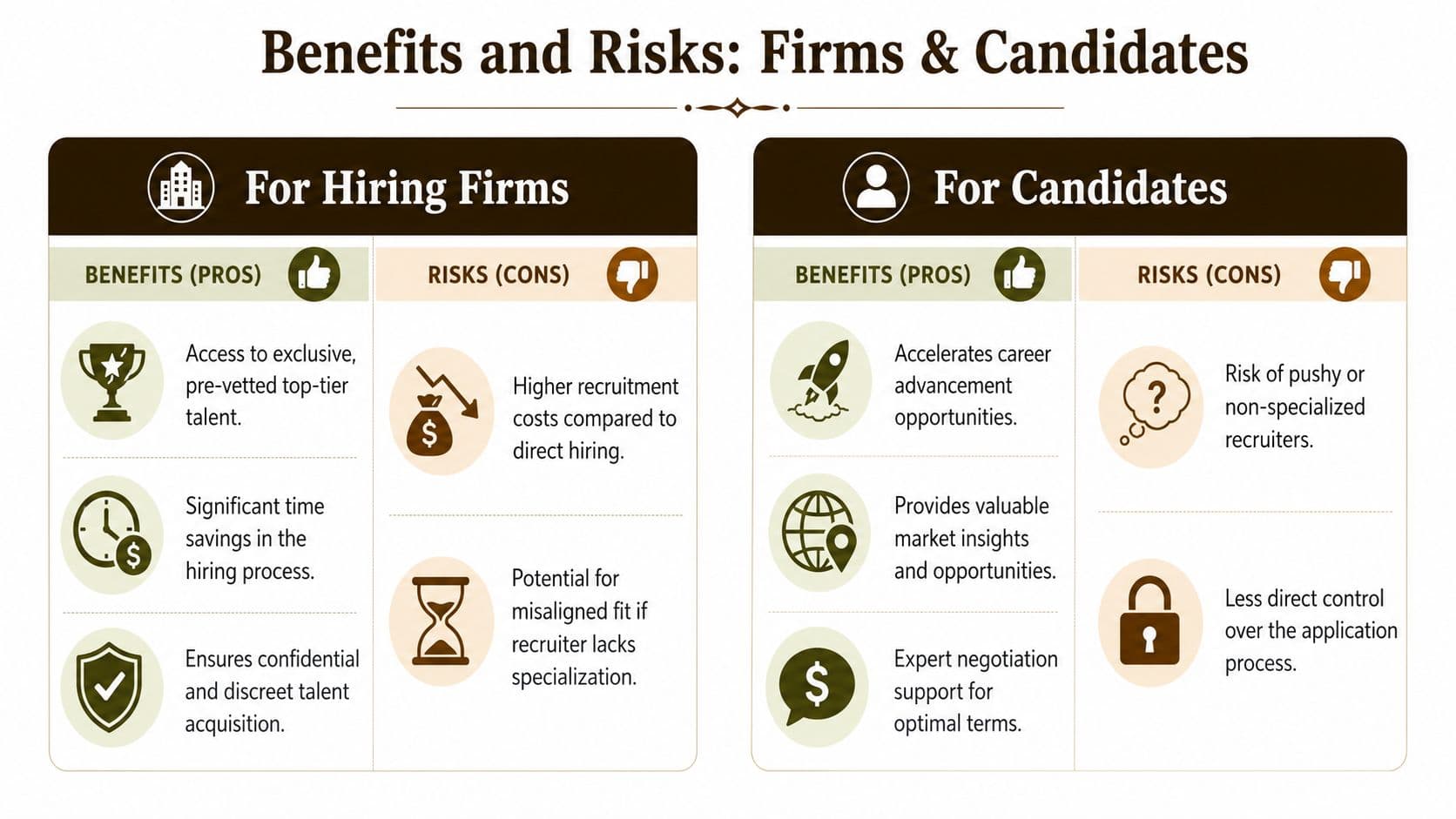 A comparison chart outlining the professional benefits and potential risks of using recruitment firms for employers and candidates.