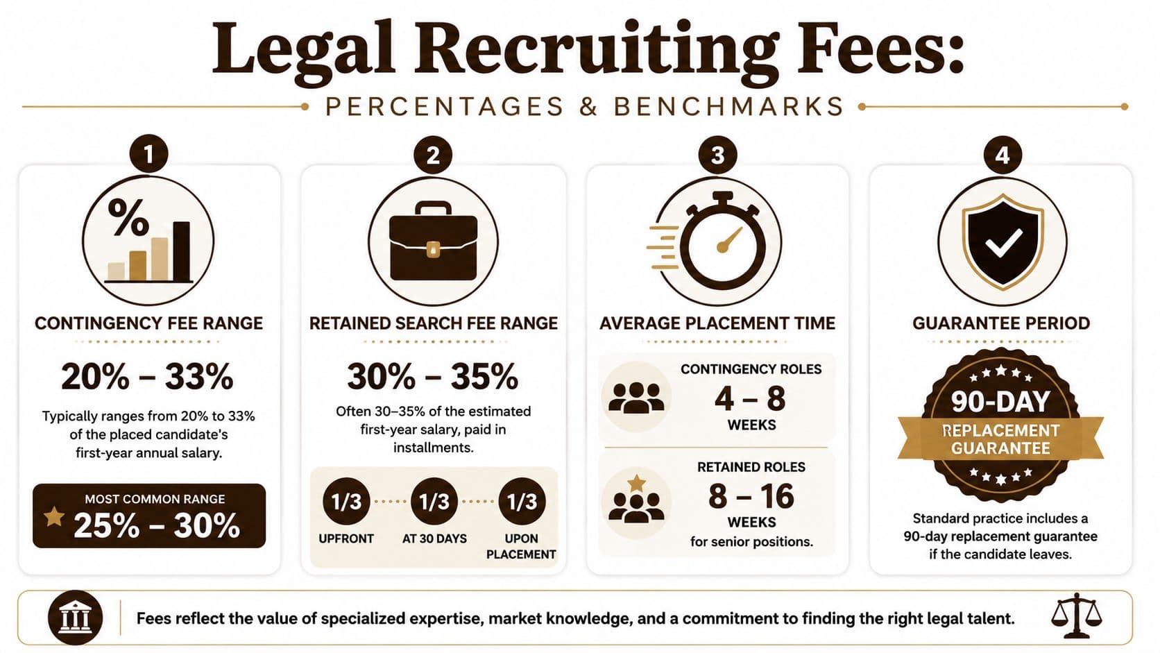 An infographic detailing industry benchmarks for legal recruiting fees, including percentage ranges, placement timelines, and replacement guarantees.