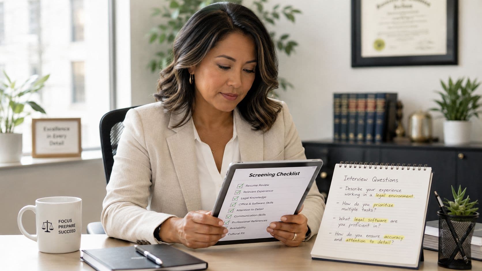 A professional woman in a suit reviews a legal screening checklist on a digital tablet at her desk.