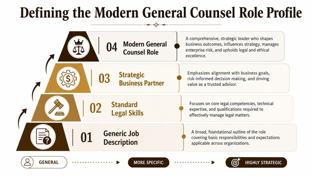 A four-tier pyramid diagram illustrating the professional evolution of the modern general counsel role profile.