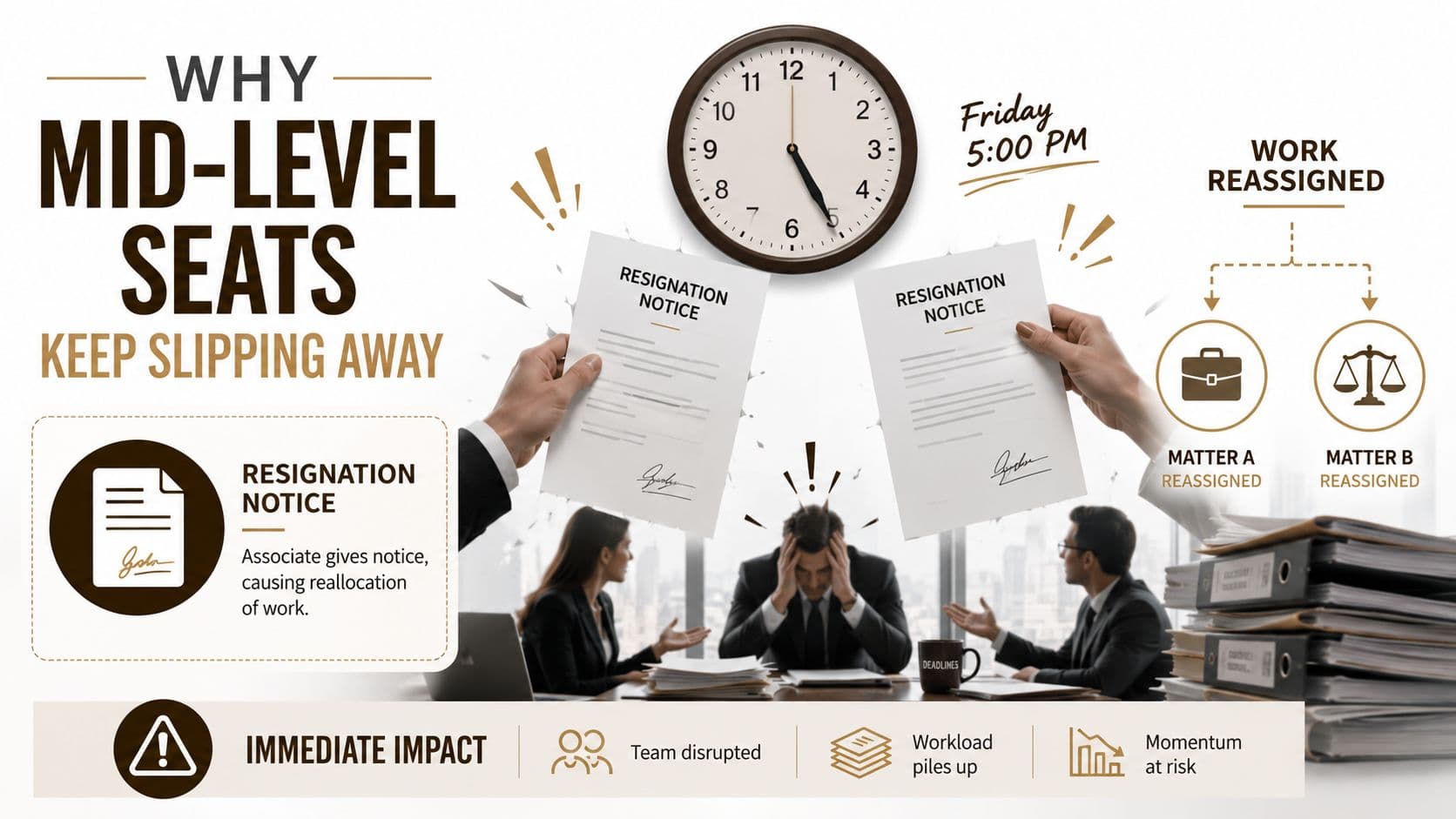 A professional infographic illustrating the challenges of mid-level employee resignations, showing office disruption and workload redistribution.