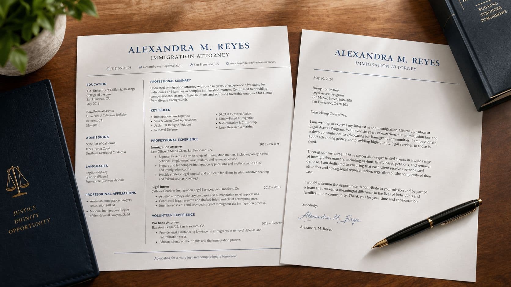 A professional resume and cover letter for an immigration attorney on a wooden desk with a pen.