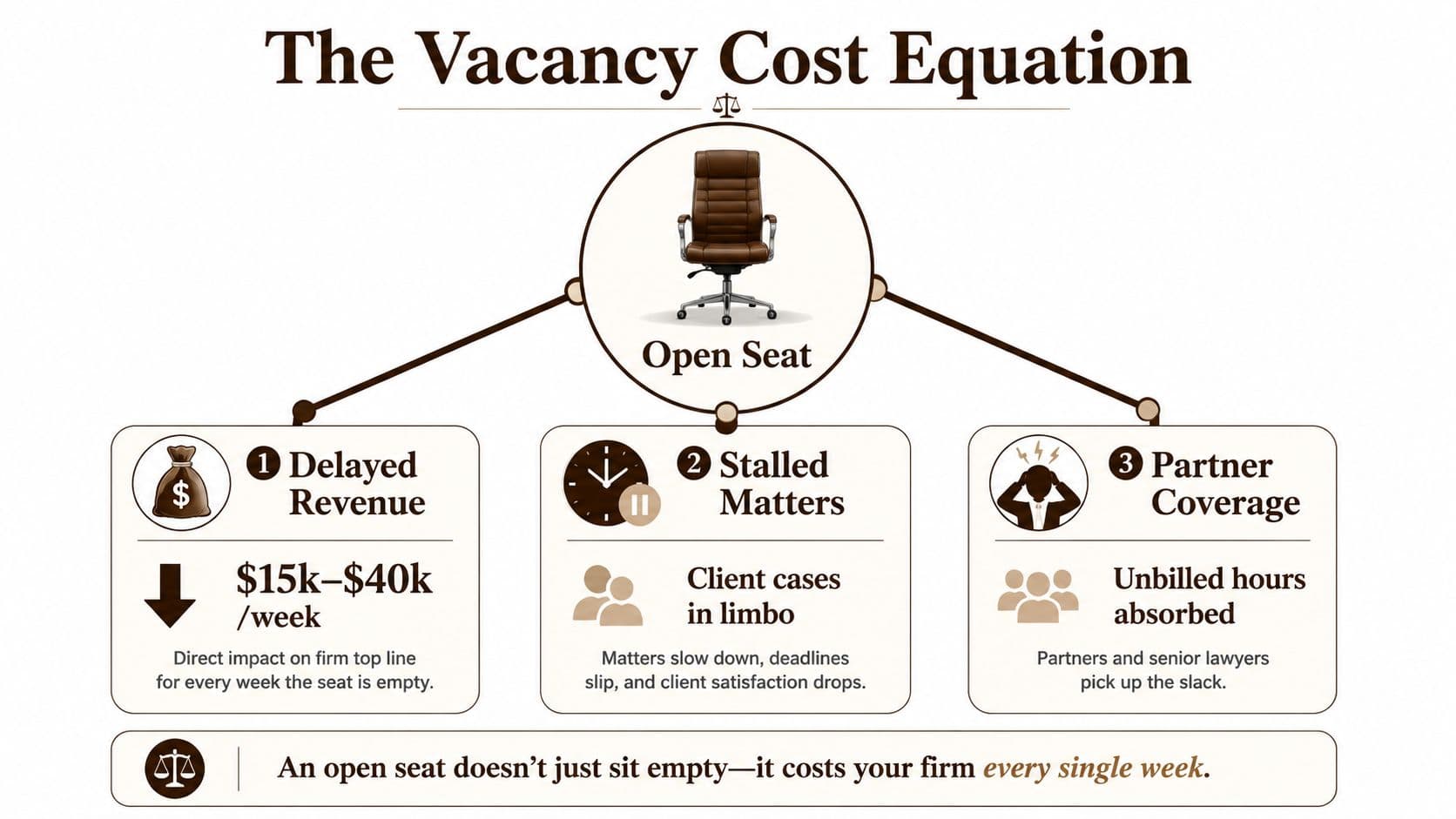 An infographic illustrating the financial and operational costs of an empty seat at a law firm.