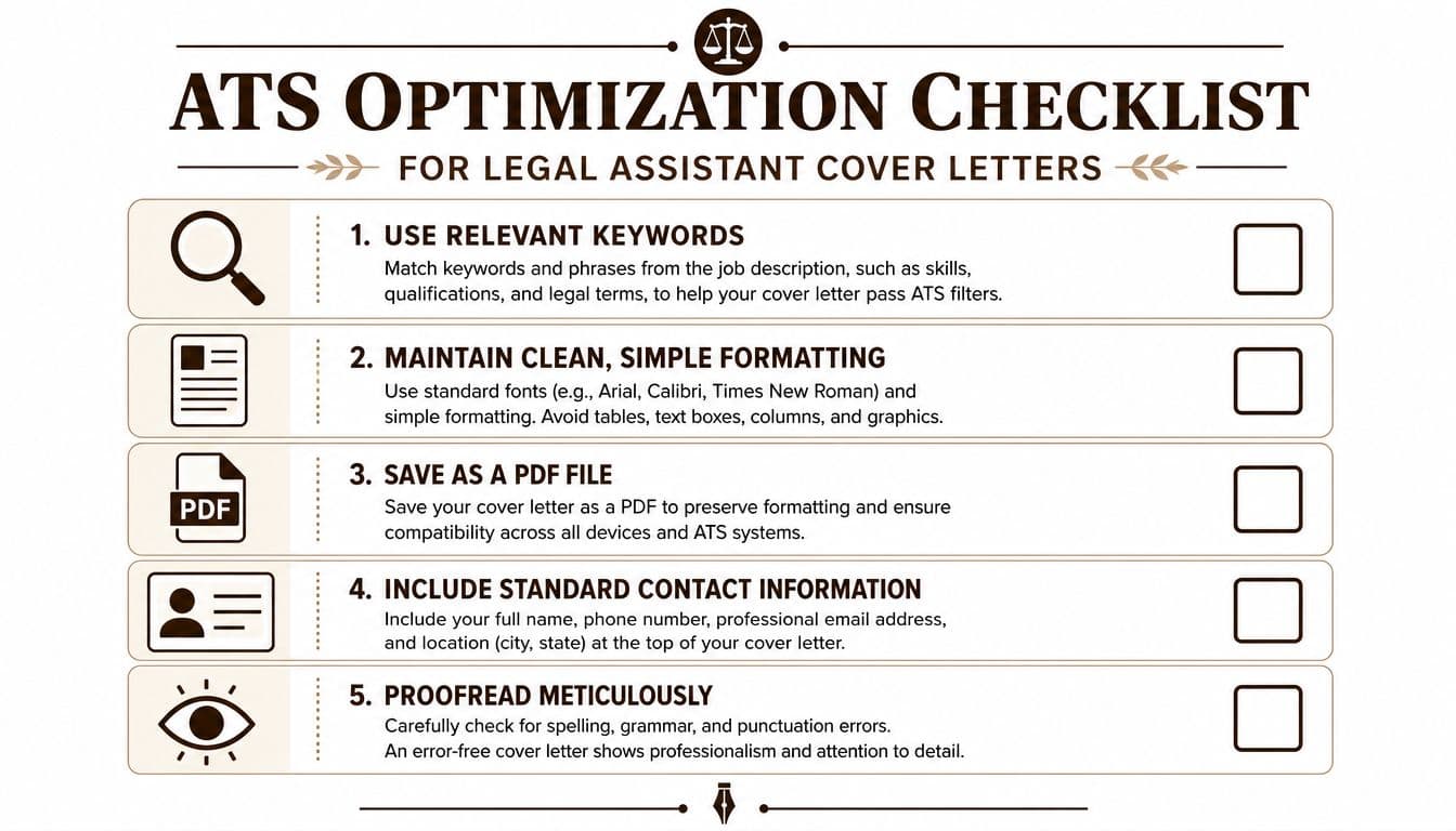 A checklist infographic titled ATS Optimization for Legal Assistant Cover Letters with five essential tips.