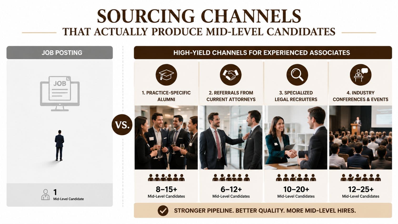 A comparison chart showing that high-yield recruiting channels generate more mid-level candidates than standard job postings.