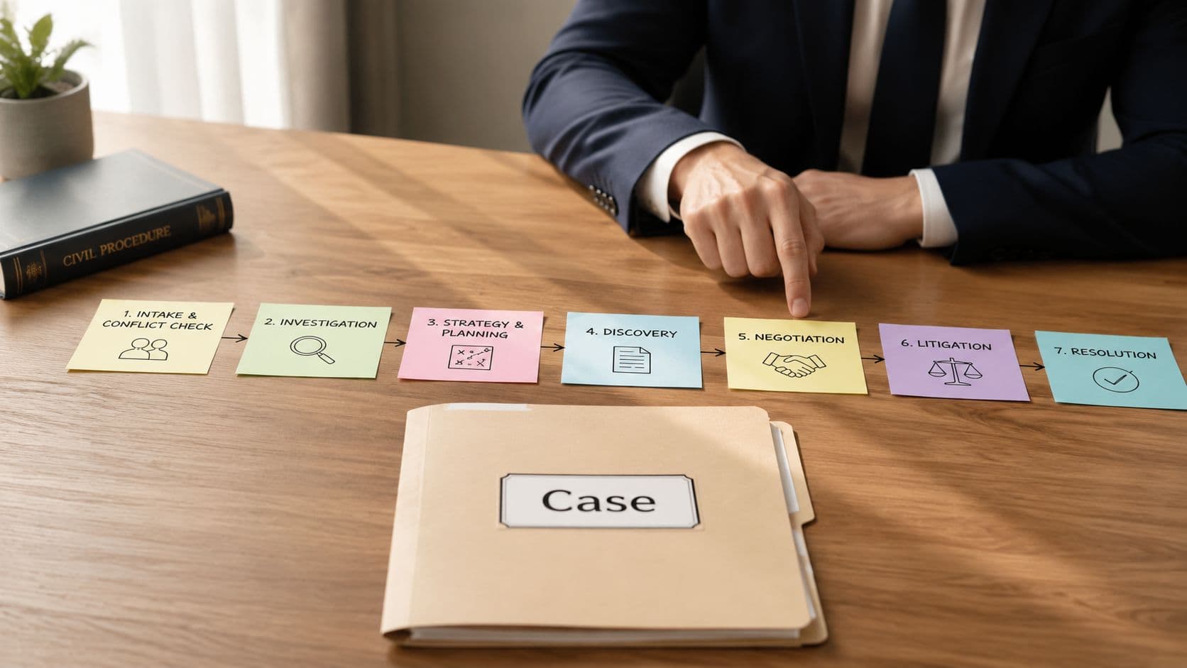 A professional attorney pointing to a negotiation stage on a process flow chart about case management.
