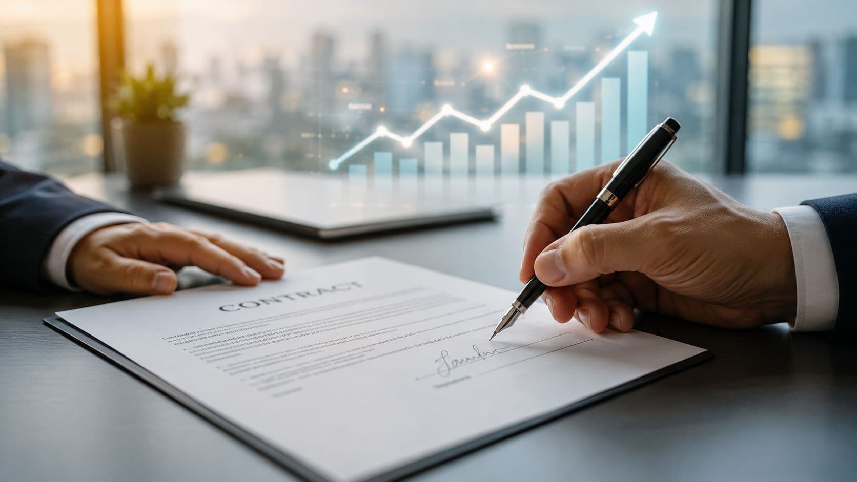A professional business person signing a contract with a digital financial growth chart overlaying the scene.