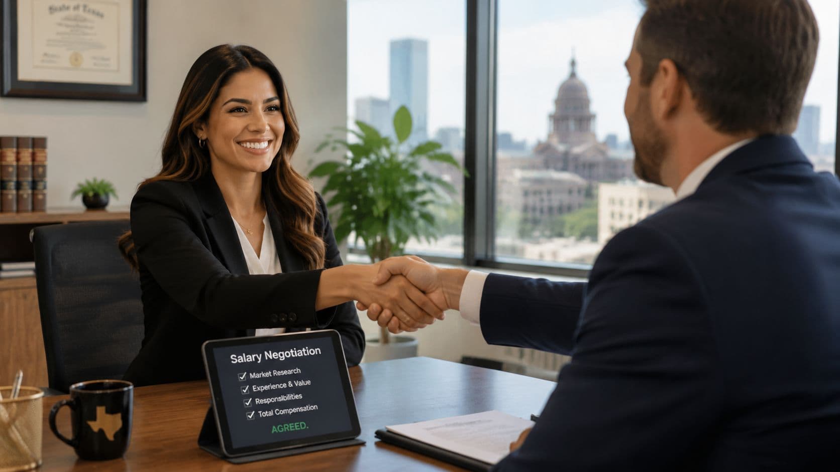 A professional woman and man shaking hands at an office desk during a salary negotiation meeting.