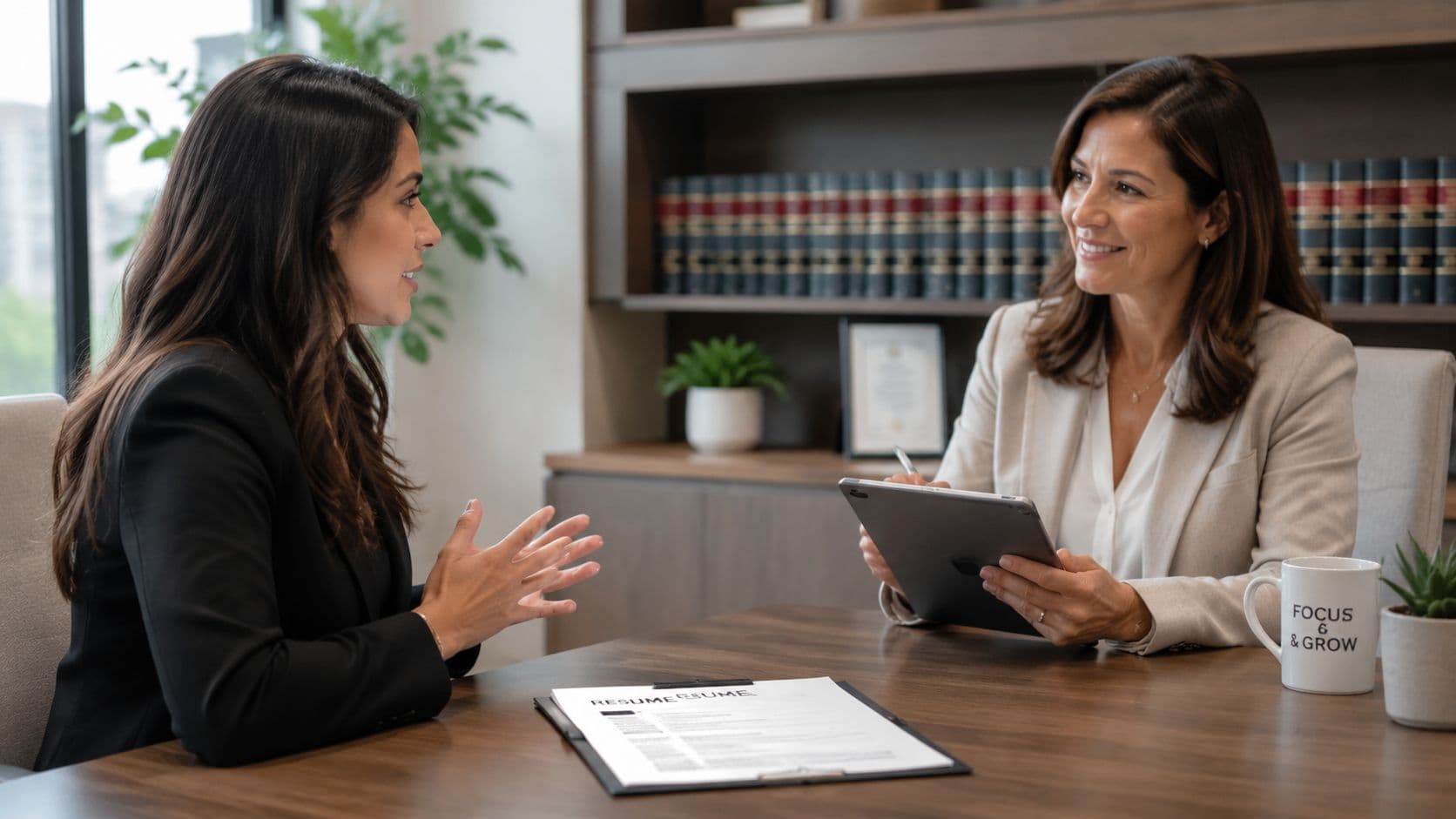 A female candidate interviewing with a professional lawyer in an office setting with books and documents.