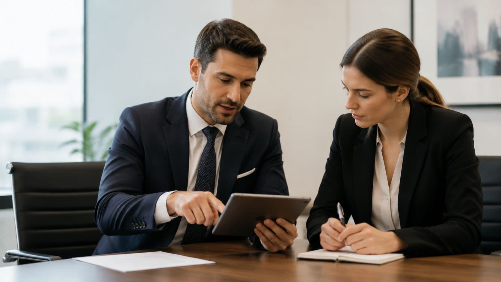A professional man and woman in business suits reviewing data on a tablet in an office.