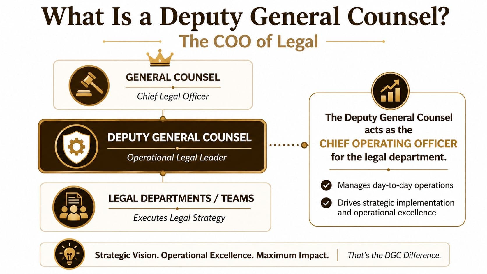An infographic titled What Is a Deputy General Counsel detailing their role as the legal COO.