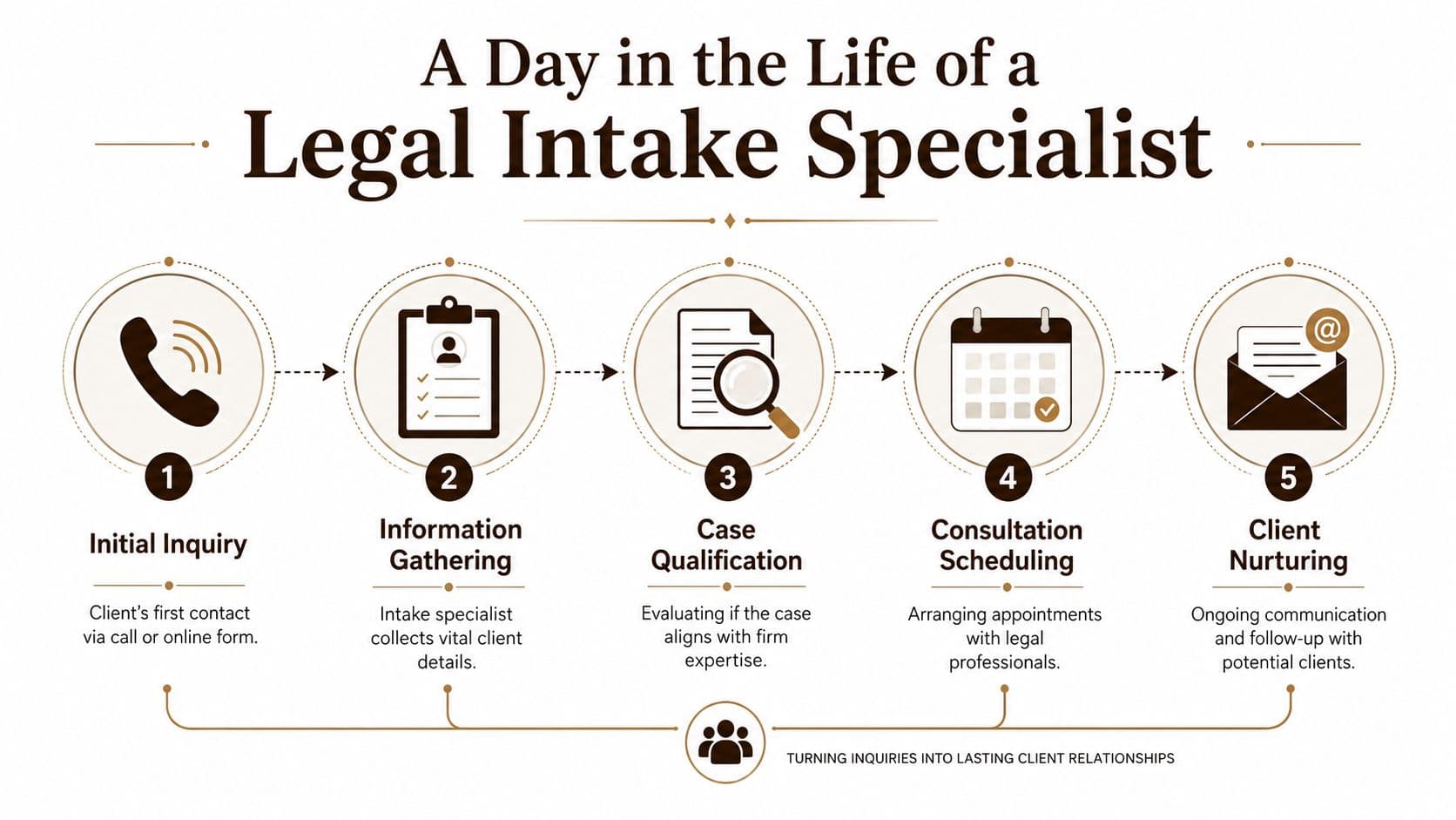 A flowchart showing the five steps of a legal intake specialist's daily process for managing client leads.