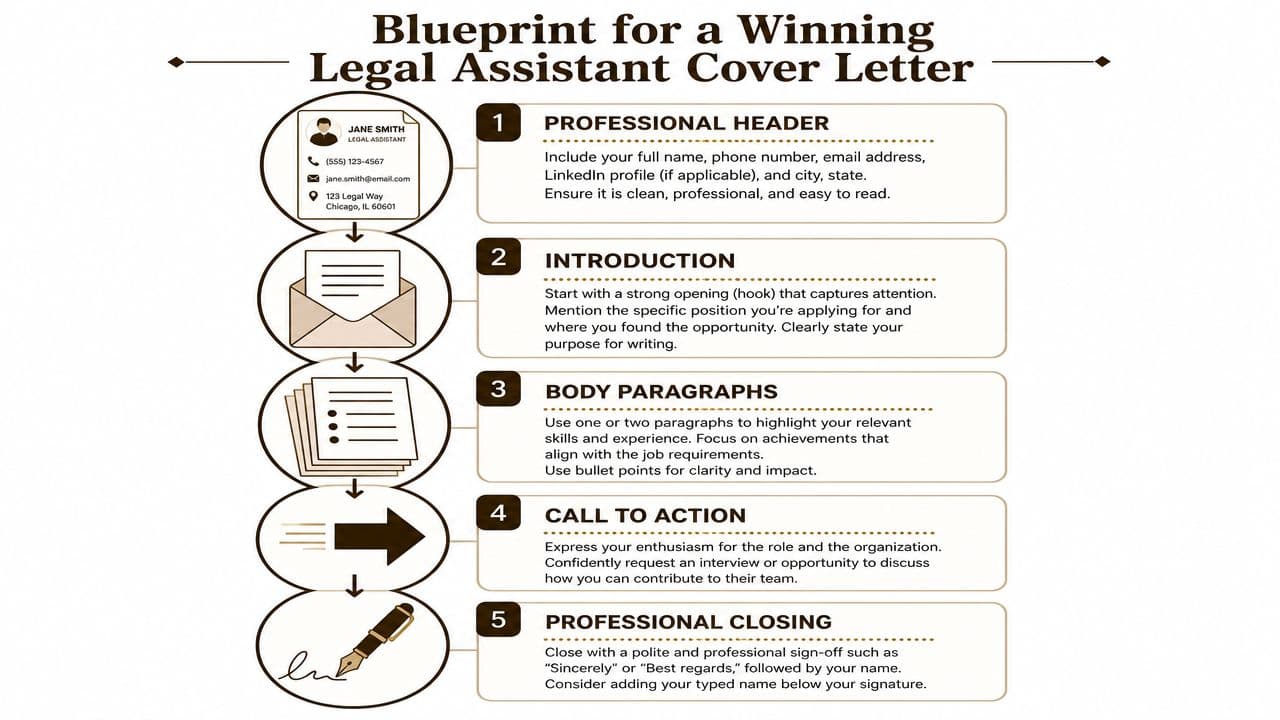 An infographic titled Blueprint for a Winning Legal Assistant Cover Letter outlining five essential writing steps.