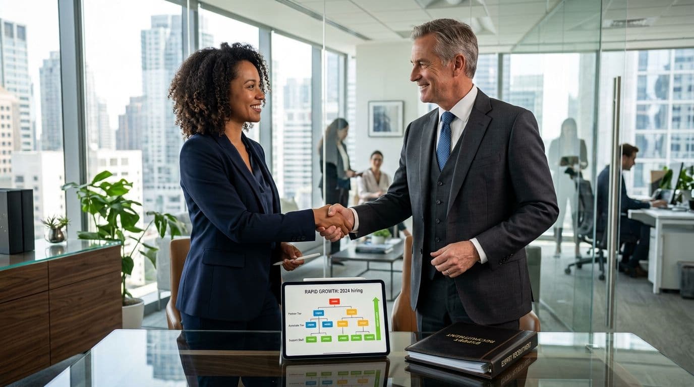 A professional woman and man in suits shaking hands in a modern corporate office, with a hiring chart.