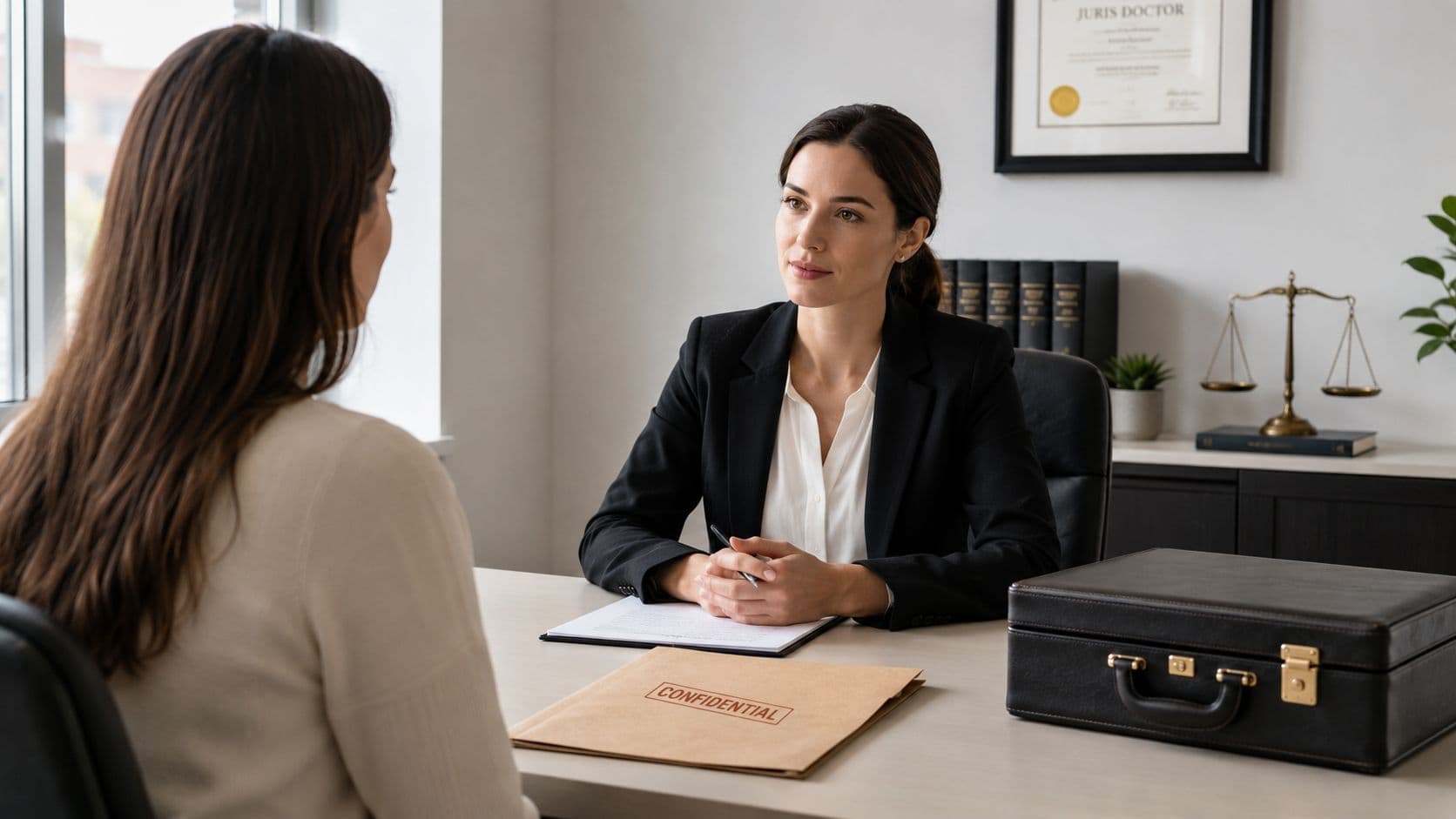 A professional lawyer interviewing a client in her law office, sitting across a desk with confidential files.