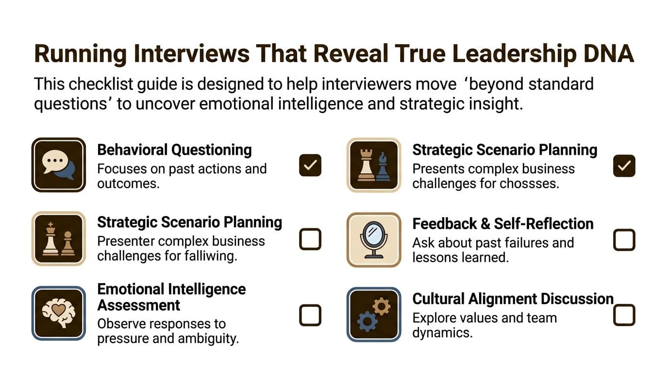 A checklist infographic titled Running Interviews That Reveal True Leadership DNA for evaluating job candidate qualities.