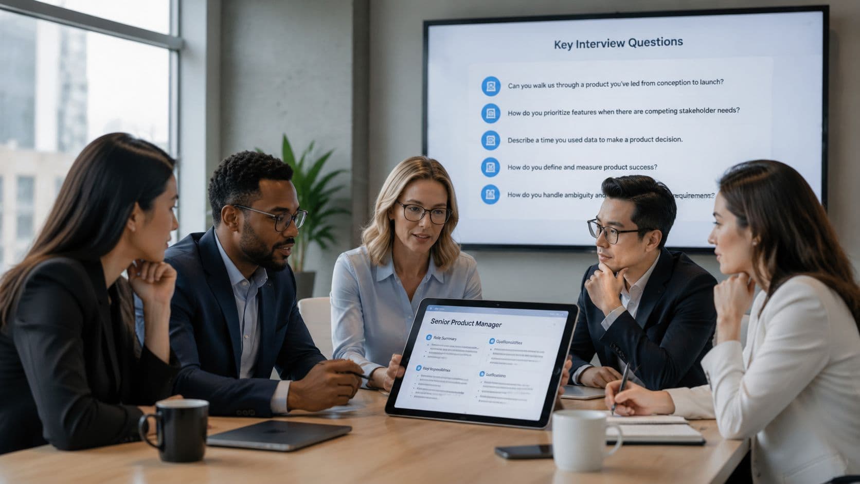 A diverse group of professionals discussing product manager interview questions during a collaborative meeting in an office.