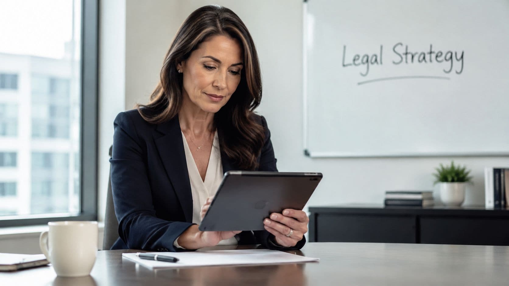 A professional woman in a suit reviewing documents on a digital tablet in a modern office setting.