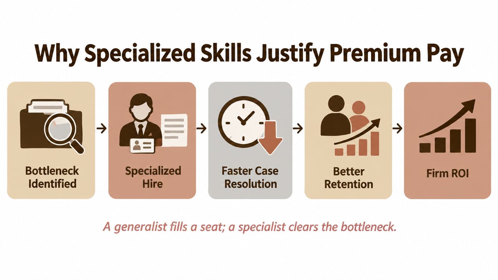 A process flow chart illustrating how hiring specialized skills leads to improved business return on investment.