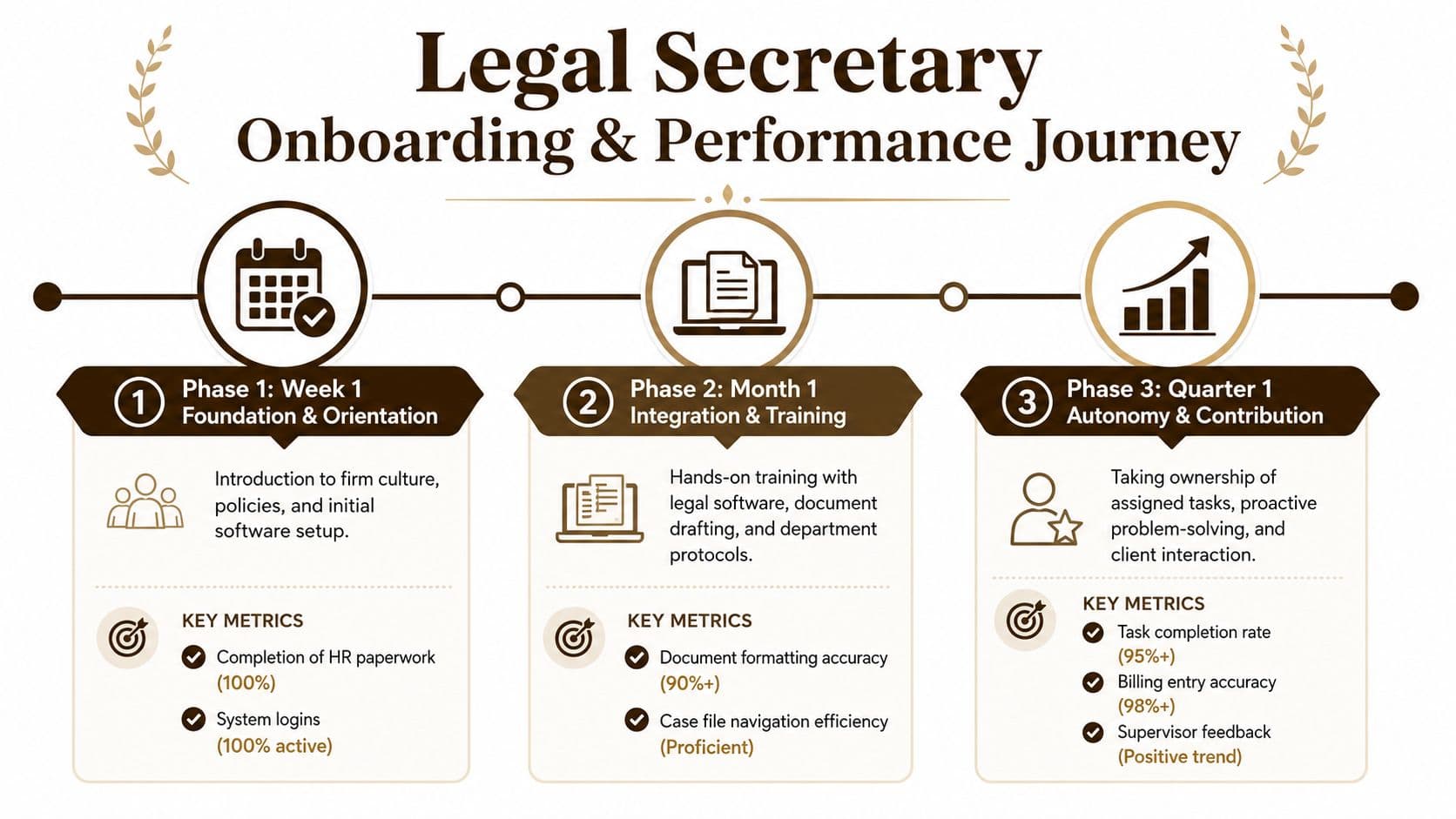 A structured roadmap illustrating the onboarding and performance journey for a new legal secretary in three phases.