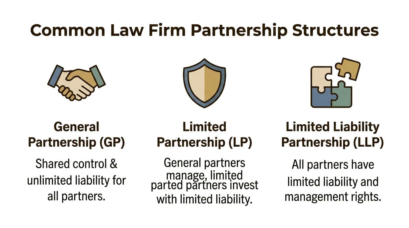 A diagram illustrating the three common law firm partnership structures: General Partnership, Limited Partnership, and Limited Liability Partnership.