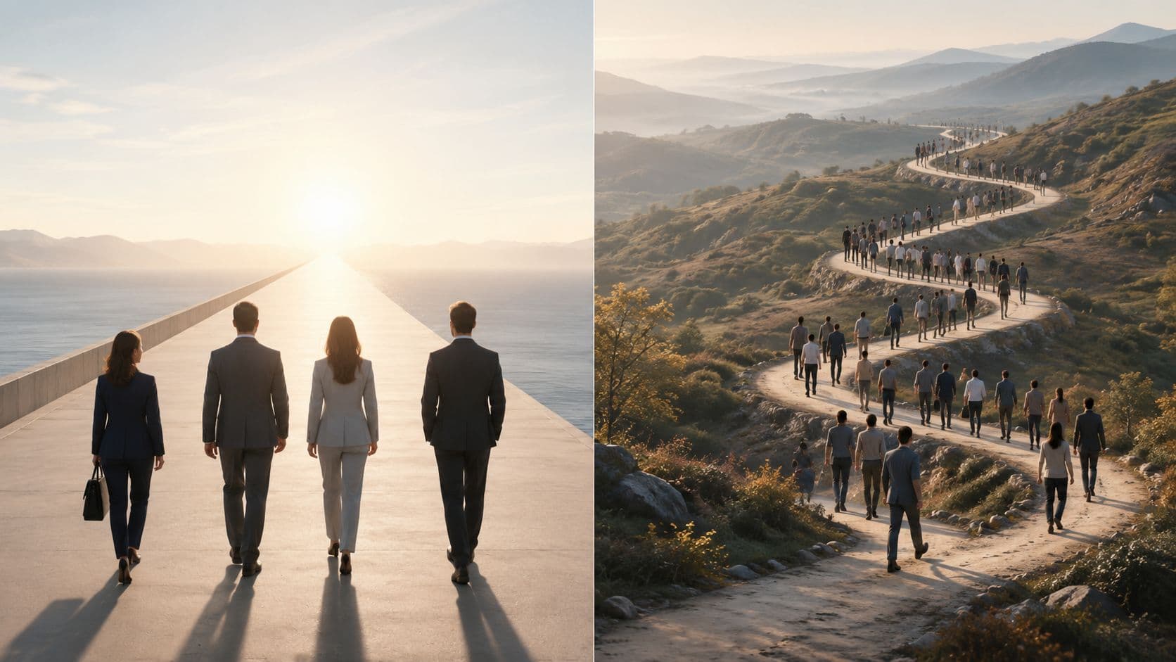 A split-screen comparison showing a direct, paved path on the left and a winding, crowded path on the right.