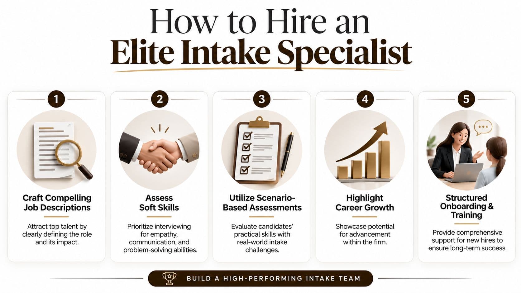 A five-step guide on how to hire an elite intake specialist for building a high-performing team.
