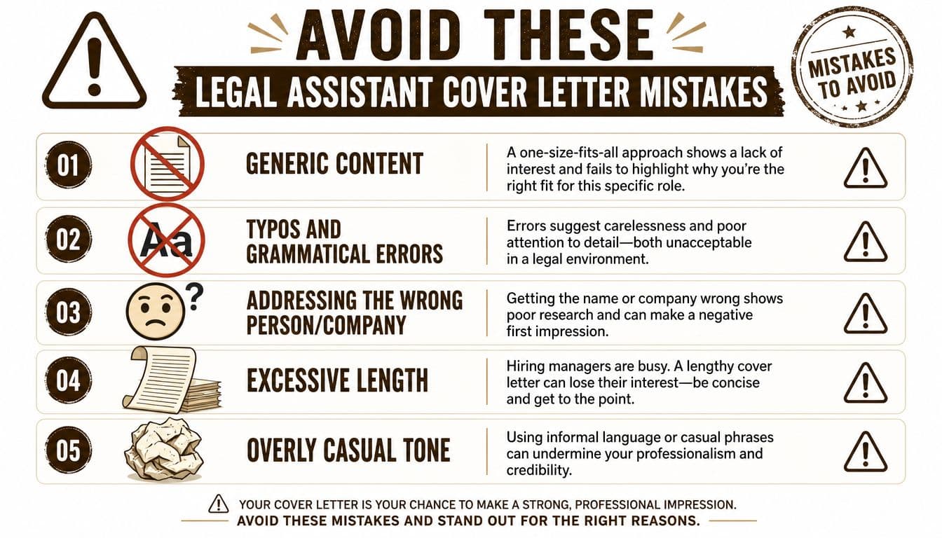 An infographic detailing five common mistakes to avoid when writing a professional legal assistant cover letter.