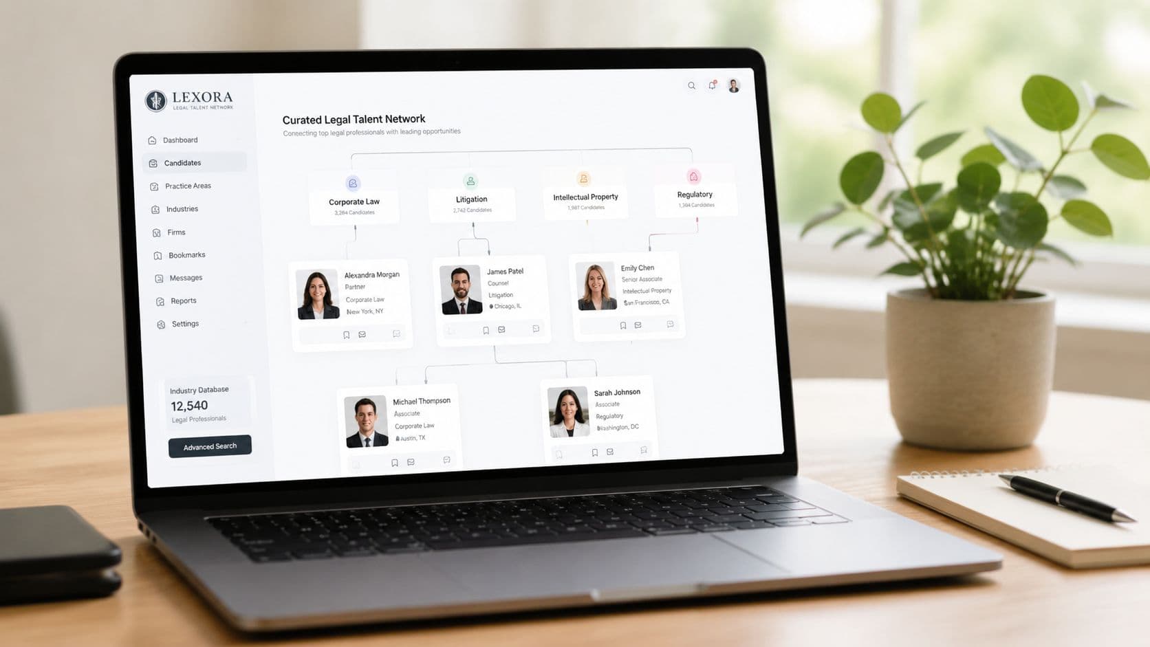 Laptop screen displaying Lexora platform showing legal talent network candidate profiles and professional hierarchy chart.