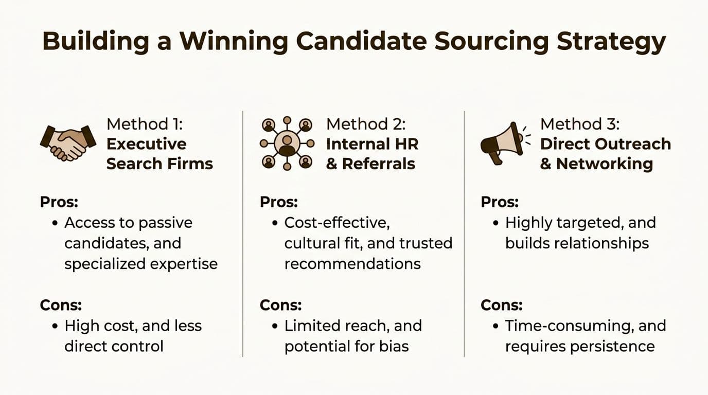 A diagram outlining three methods for building a candidate sourcing strategy including pros and cons for each.